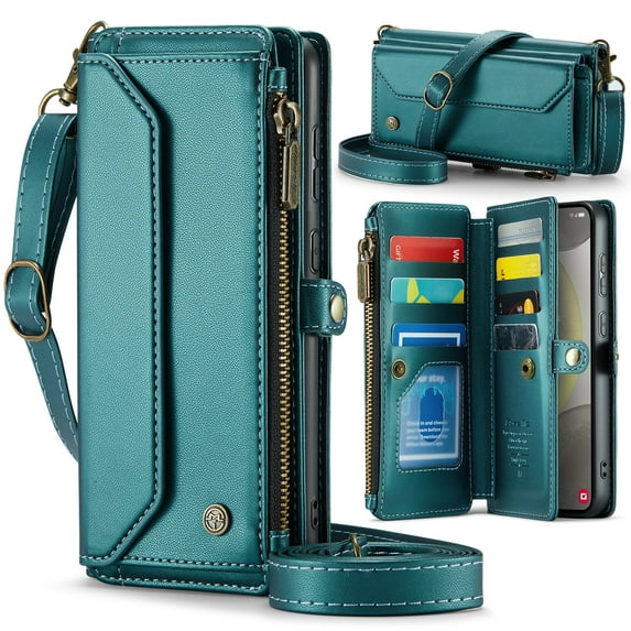 Allytechgroup Crossbody Wallet Case for Samsung Galaxy S21 Plus, Shoulder Strap Hand Wrist Cards Slots RFID Blocking Large Capacity Zipper Pocket Shockproof Phone Case for Girls Women, Green