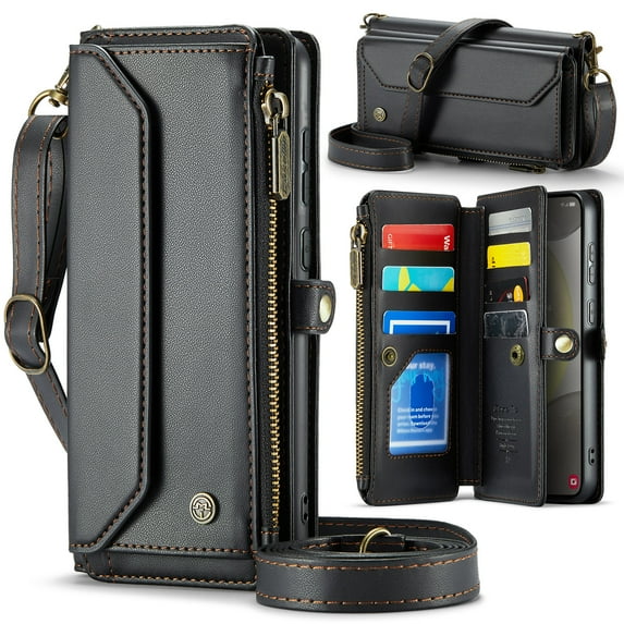 Allytechgroup Crossbody Wallet Case for Samsung Galaxy S21, Shoulder Strap Hand Wrist Cards Slots RFID Blocking Large Capacity Zipper Pocket Shockproof Phone Case for Girls Women, Black