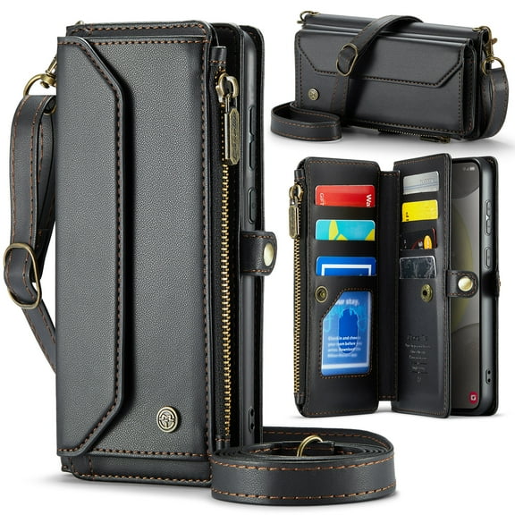 Allytechgroup Crossbody Wallet Case for Samsung Galaxy S21, Shoulder Strap Hand Wrist Cards Slots RFID Blocking Large Capacity Zipper Pocket Shockproof Phone Case for Girls Women, Black