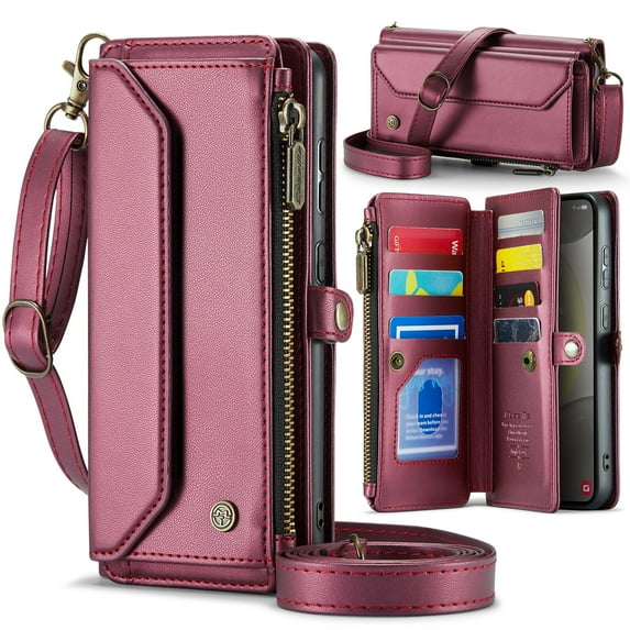Allytechgroup Crossbody Wallet Case for Samsung Galaxy S21 Ultra, Shoulder Strap Hand Wrist Cards Slots RFID Blocking Large Capacity Zipper Pocket Shockproof Phone Case for Girls Women, Winered