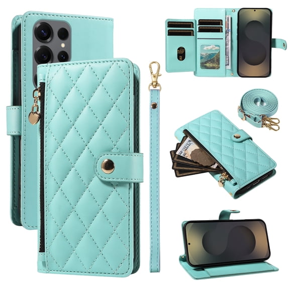 Allytechgroup Crossbody Wallet Case for Samsung Galaxy S21 Ultra, Slim PU Leather Protective Case Cover with Cash Slot, Credit Card Holder, Shock-Absorbent Bumper with Adjustable Strap, Green