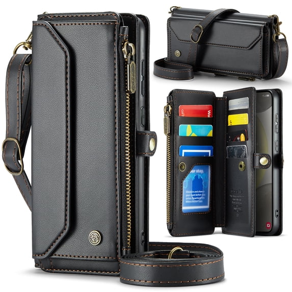 Allytechgroup Crossbody Wallet Case for Samsung Galaxy S22, Shoulder Strap Hand Wrist Cards Slots RFID Blocking Large Capacity Zipper Pocket Shockproof Phone Case for Girls Women, Black