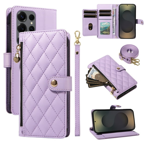 Allytechgroup Crossbody Wallet Case for Samsung Galaxy S24+, Slim PU Leather Protective Case Cover with Cash Slot, Credit Card Holder, Shock-Absorbent Bumper with Adjustable Strap, Purple