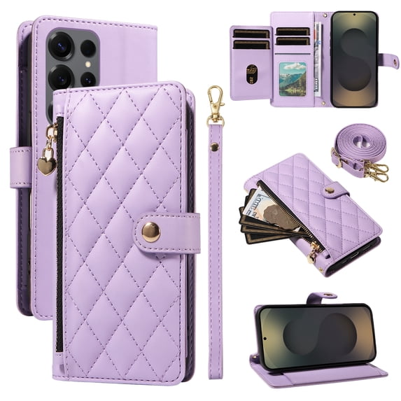 Allytechgroup Crossbody Wallet Case for Samsung Galaxy S25, Slim PU Leather Protective Case Cover with Cash Slot, Credit Card Holder, Shock-Absorbent Bumper with Adjustable Strap, Purple