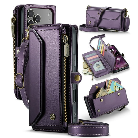 Allytechgroup Crossbody Wallet Case for iPhone 17 Pro Max, Shoulder Strap Hand Wrist Cards Slots RFID Blocking Large Capacity Zipper Pocket  Shockproof Slim Phone Case for Girls Women, Purple