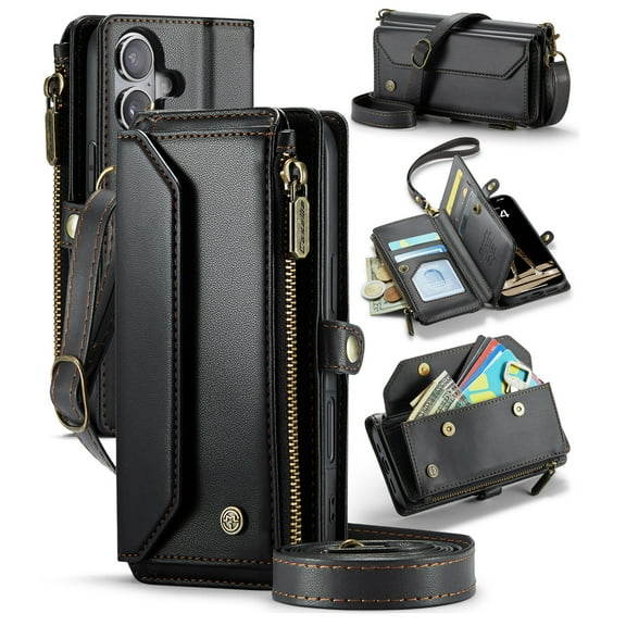Allytechgroup Crossbody Wallet Case for iPhone 17, Shoulder Strap Hand Wrist Cards Slots RFID Blocking Large Capacity Zipper Pocket  Shockproof Slim Phone Case for Girls Women, Black