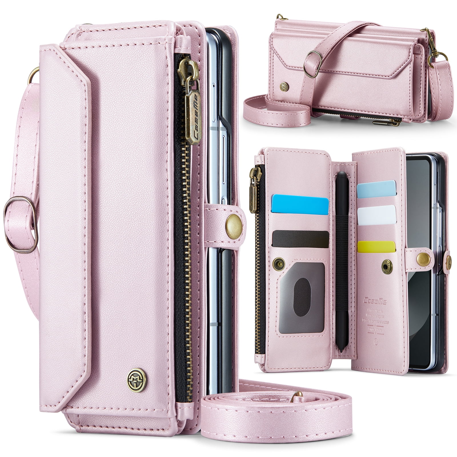 Allytechgroup Crossybody Purse Wallet Case for Samsung Galaxy Z Fold 3, RFID Blocking Zipper Pocket Shoulder Strap Hand Wrist Flip Shockproof Phone Case for Girls Women, Pink