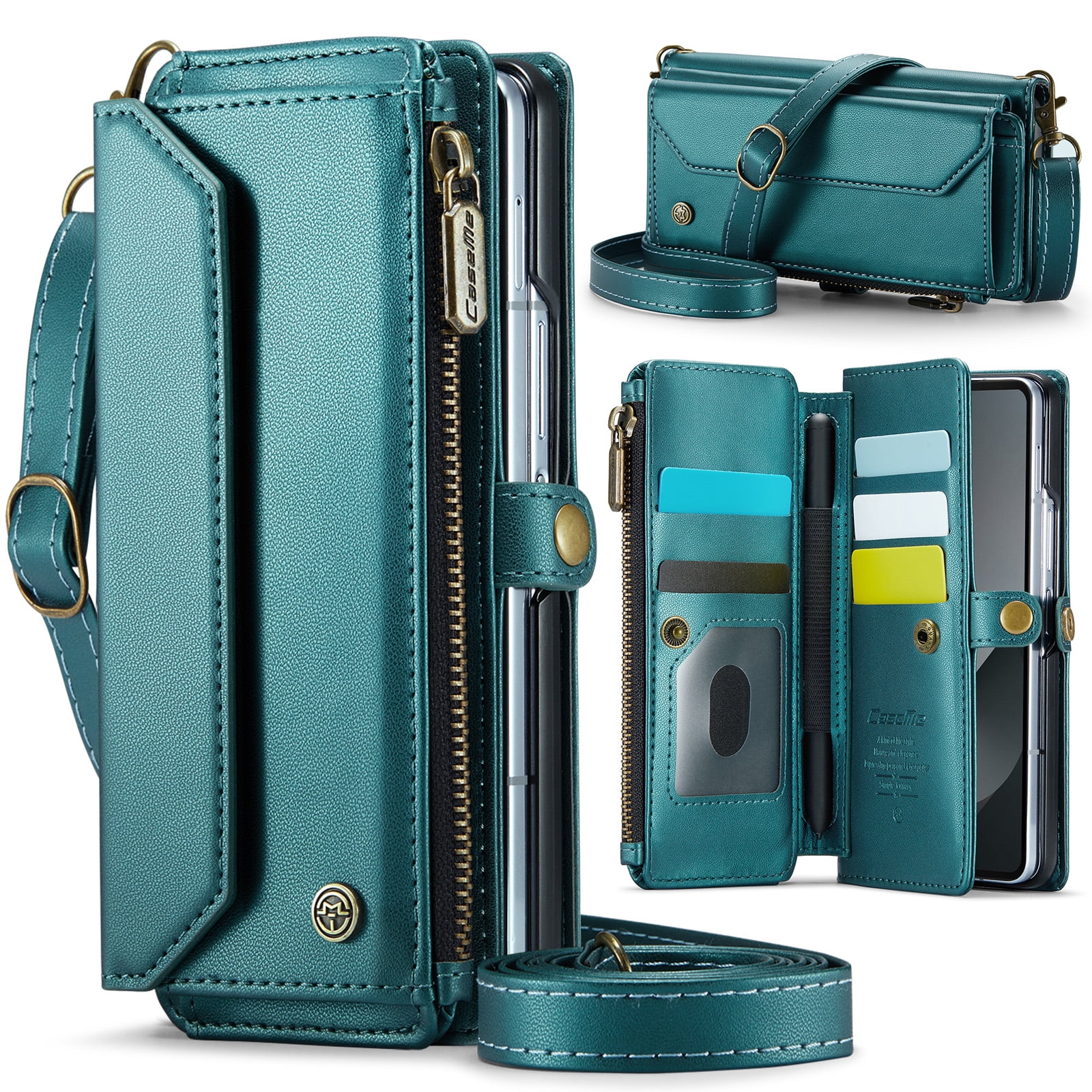 Allytechgroup Crossybody Purse Wallet Case for Samsung Galaxy Z Fold 4, RFID Blocking Zipper Pocket Shoulder Strap Hand Wrist Flip Shockproof Phone Case for Girls Women, Green
