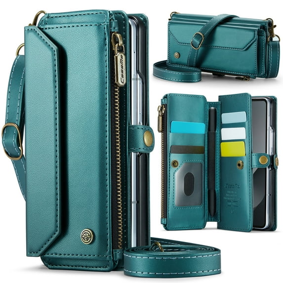 Allytechgroup Crossybody Purse Wallet Case for Samsung Galaxy Z Fold 5, RFID Blocking Zipper Pocket Shoulder Strap Hand Wrist Flip Shockproof Phone Case for Girls Women, Green