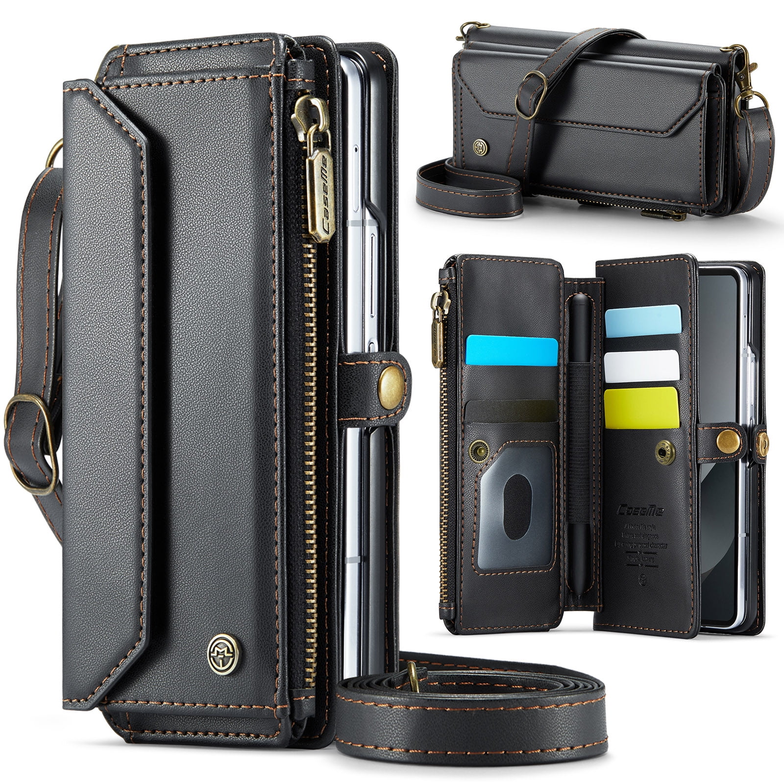 Allytechgroup Crossybody Purse Wallet Case for Samsung Galaxy Z Fold 5, RFID Blocking Zipper Pocket Shoulder Strap Hand Wrist Flip Shockproof Phone Case for Girls Women, Black
