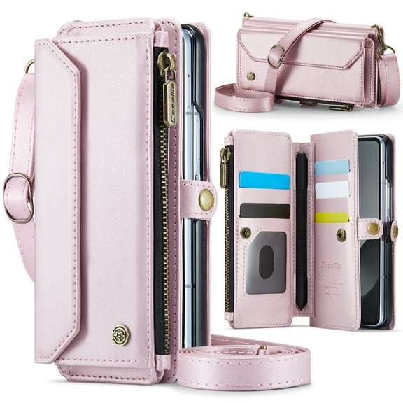 Allytechgroup Crossybody Purse Wallet Case for Samsung Galaxy Z Fold 6, RFID Blocking Zipper Pocket Shoulder Strap Hand Wrist Flip Shockproof Phone Case for Girls Women, Pink