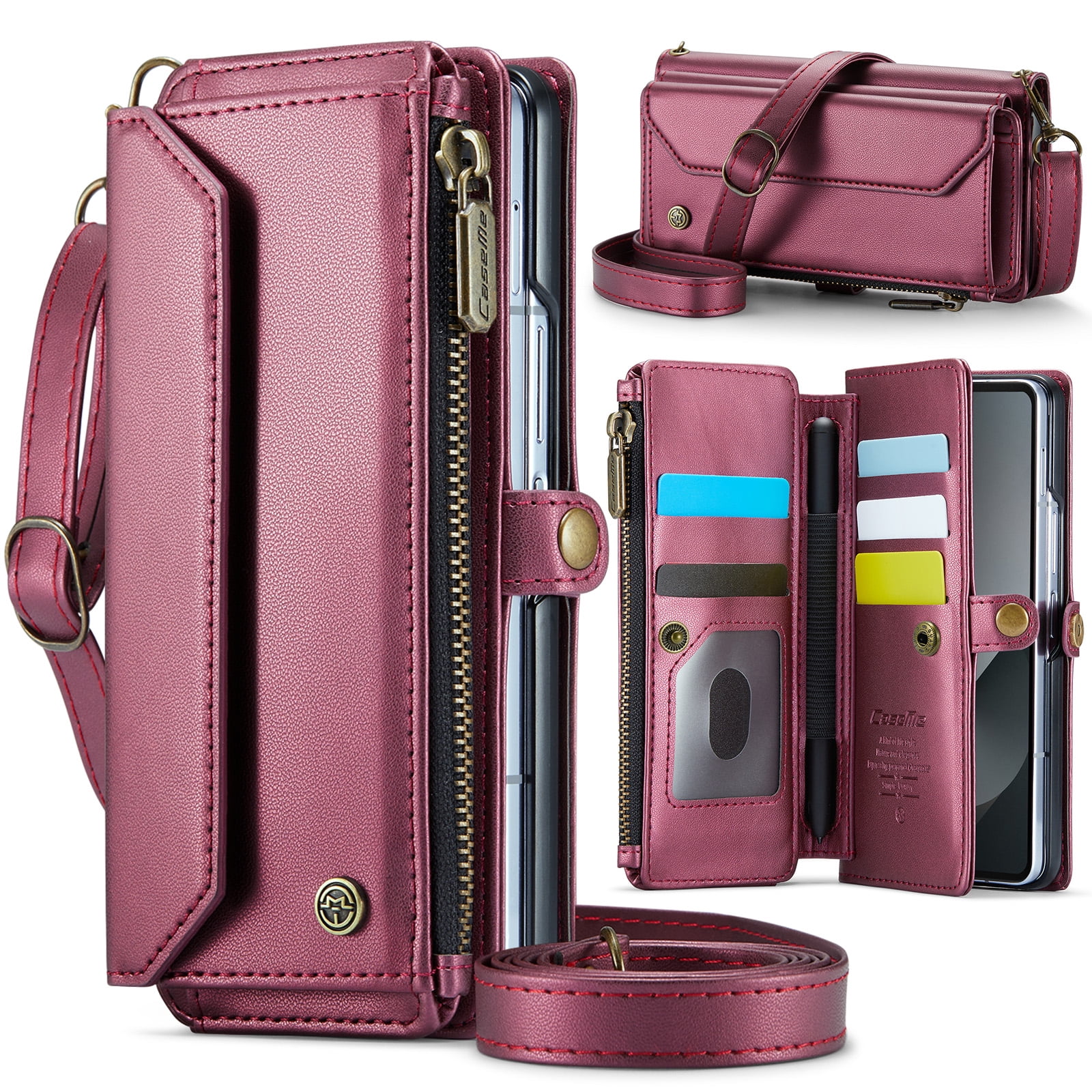 Allytechgroup Crossybody Purse Wallet Case for Samsung Galaxy Z Fold 6, RFID Blocking Zipper Pocket Shoulder Strap Hand Wrist Flip Shockproof Phone Case for Girls Women, Winered