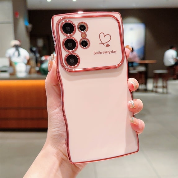 Allytechgroup Curly Wave Frame Case for Samsung Galaxy S23 Ultra, Slim Hard PC Plating Frame Phone Case Shockproof Back Cover Bumper for Samsung Galaxy S23 Ultra Women Girls, Pink