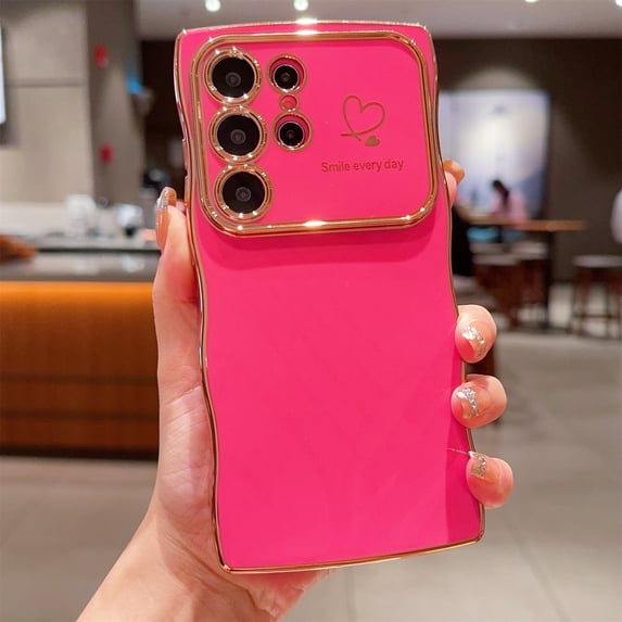 Allytechgroup Curly Wave Frame Case for Samsung Galaxy S24 Ultra, Slim Hard PC Plating Frame Phone Case Shockproof Back Cover Bumper for Samsung Galaxy S24 Ultra Women Girls, Rose