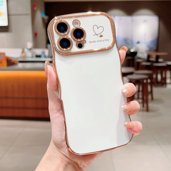 Allytechgroup Curly Wave Frame Case for iPhone 16 Pro, Slim Hard PC Plating Frame Phone Case Shockproof Back Cover Bumper for iPhone 16 Pro Women Girls, White