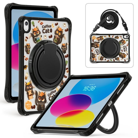 Allytechgroup Cute Case for Apple iPad A16 11th Gen 11" 2025/ iPad 10th Generation 10.9" 2022, Stylish Clear Rotating Stand Shockproof Anti-Scratch Bumper Rugged Kids Cover with Shoulder Strap,Cat