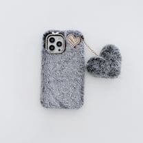 Allytechgroup Cute Case for iPhone 16, Plush Furry Fuzzy Fur Case for Women Girls, Soft TPU Bumper Protective Case with Fur Heart Pendant for iPhone 16, Gray