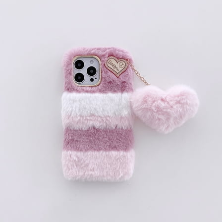 Allytechgroup Cute Case for iPhone 16 Pro, Plush Furry Fuzzy Fur Case for Women Girls, Soft TPU Bumper Protective Case with Fur Heart Pendant for iPhone 16 Pro, Rose