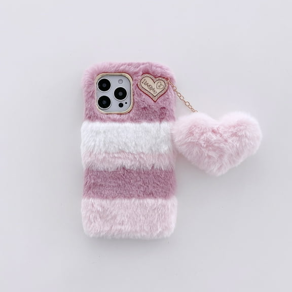 Allytechgroup Cute Case for iPhone 16 Pro, Plush Furry Fuzzy Fur Case for Women Girls, Soft TPU Bumper Protective Case with Fur Heart Pendant for iPhone 16 Pro, Rose