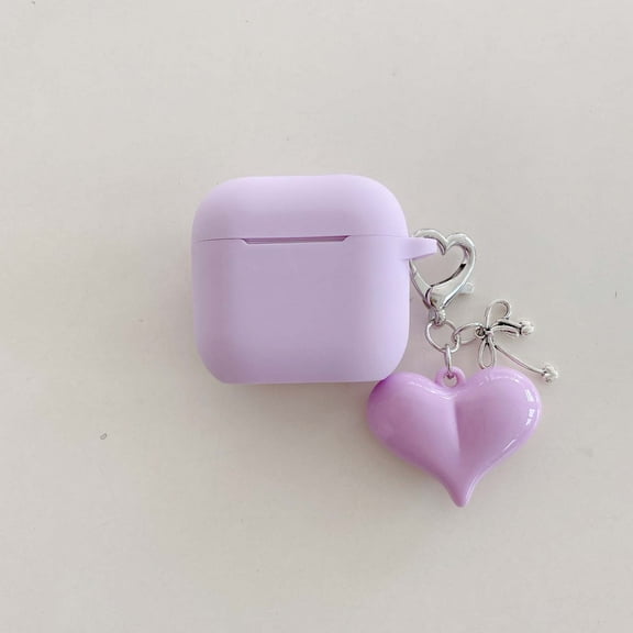 Allytechgroup Cute Heart Charm Airpods 2nd Gen / 1st Gen Case, Soft Silicone Protective Cover with Keychain & 3D Pendant Shockproof Full Body Cover Compatible with Airpods 2nd Gen / 1st Gen, Purple