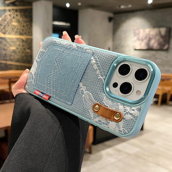 Allytechgroup Denim Lace Phone Case Compatible with iPhone 13 Pro, Fashion Back Pocket Design with Card Slot, Shockproof TPU Edge Vintage Jean Texture Protective Cover for Women, Blue