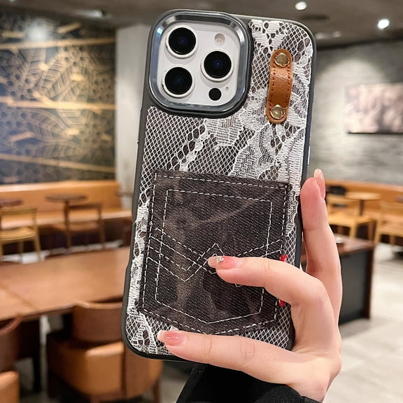Allytechgroup Denim Lace Phone Case Compatible with iPhone 16 Pro, Fashion Back Pocket Design with Card Slot, Shockproof TPU Edge Vintage Jean Texture Protective Cover for Women, Black