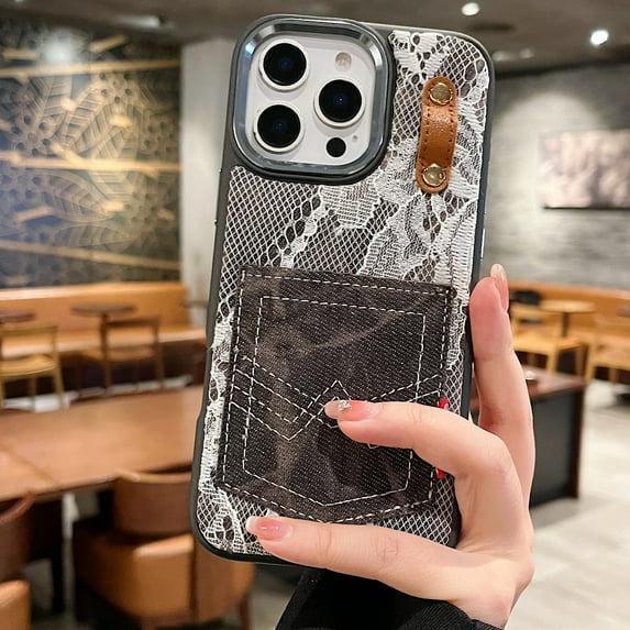 Allytechgroup Denim Lace Phone Case Compatible with iPhone 16e, Fashion Back Pocket Design with Card Slot, Shockproof TPU Edge Vintage Jean Texture Protective Cover for Women, Black