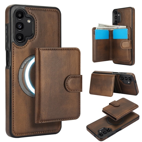 Allytechgroup Detachable Cards Holder Case for Samsung Galaxy A13 4G, RFID Blocking 2 In 1 Wallet PU Leather Case with Stand Compatible with Magsafe Shockproof Cover for Galaxy A13 4G, Brown