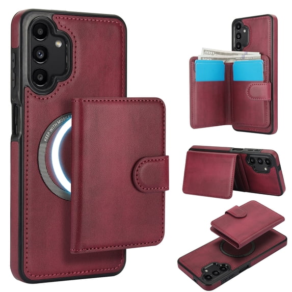 Allytechgroup Detachable Cards Holder Case for Samsung Galaxy A13 4G, RFID Blocking 2 In 1 Wallet PU Leather Case with Stand Compatible with Magsafe Shockproof Cover for Galaxy A13 4G, Winered