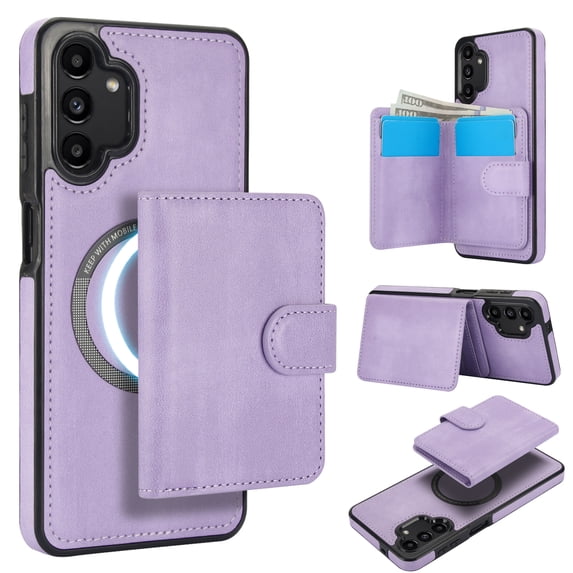 Allytechgroup Detachable Cards Holder Case for Samsung Galaxy A13 4G, RFID Blocking 2 In 1 Wallet PU Leather Case with Stand Compatible with Magsafe Shockproof Cover for Galaxy A13 4G, Purple
