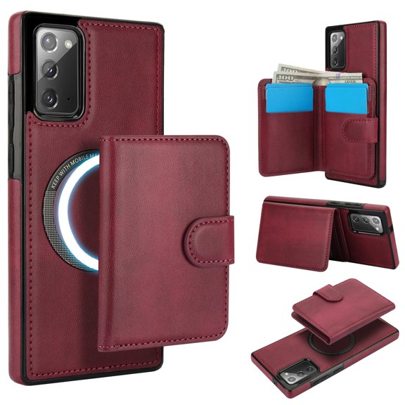 Allytechgroup Detachable Cards Holder Case for Samsung Galaxy Note 20, RFID Blocking 2 In 1 Wallet PU Leather Case with Stand Compatible with Magsafe Shockproof Cover for Galaxy Note 20, Winered