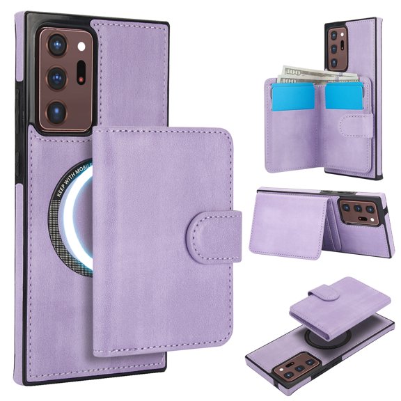 Allytechgroup Detachable Cards Holder Case for Samsung Galaxy Note 20 Ultra, RFID Blocking 2 In 1 Wallet PU Leather Case with Stand Compatible with Magsafe Shockproof Cover for Women Men, Purple