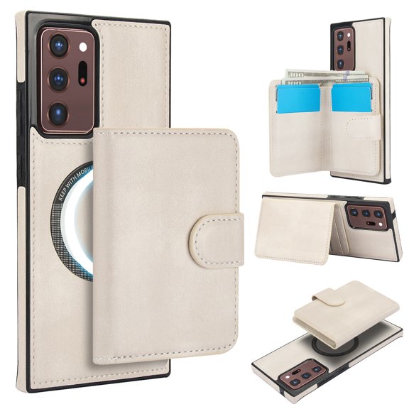 Allytechgroup Detachable Cards Holder Case for Samsung Galaxy Note 20 Ultra, RFID Blocking 2 In 1 Wallet PU Leather Case with Stand Compatible with Magsafe Shockproof Cover for Women Men, White