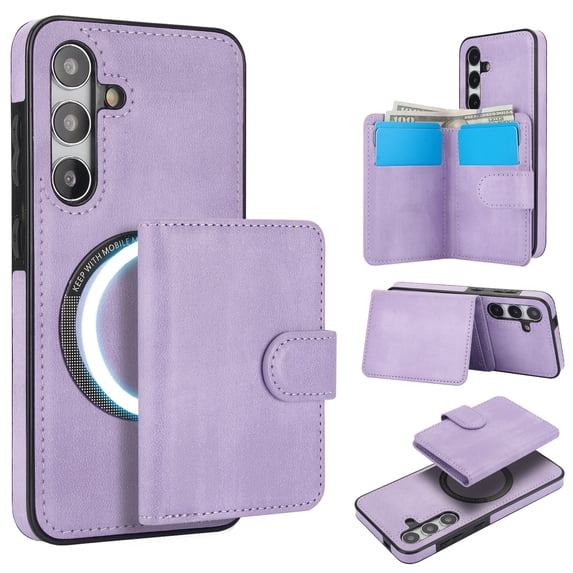 Allytechgroup Detachable Cards Holder Case for Samsung Galaxy S21 FE, RFID Blocking 2 In 1 Wallet PU Leather Case with Stand Compatible with Magsafe Shockproof Cover for Galaxy S21 FE, Purple