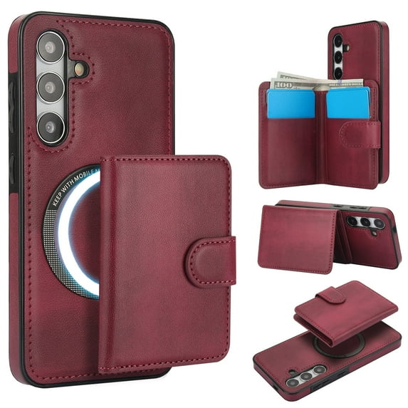 Allytechgroup Detachable Cards Holder Case for Samsung Galaxy S21 FE, RFID Blocking 2 In 1 Wallet PU Leather Case with Stand Compatible with Magsafe Shockproof Cover for Galaxy S21 FE, Winered