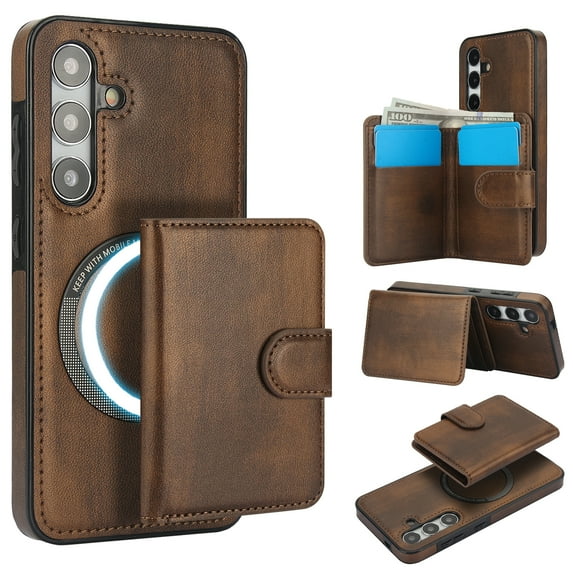 Allytechgroup Detachable Cards Holder Case for Samsung Galaxy S21 FE, RFID Blocking 2 In 1 Wallet PU Leather Case with Stand Compatible with Magsafe Shockproof Cover for Galaxy S21 FE, Brown