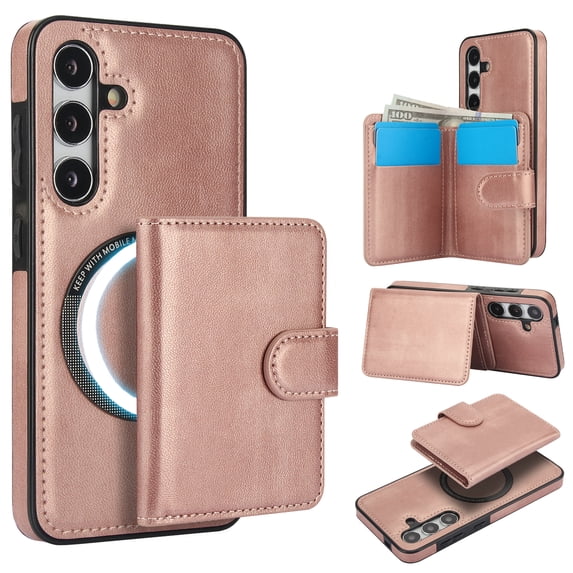 Allytechgroup Detachable Cards Holder Case for Samsung Galaxy S23 Plus, RFID Blocking 2 In 1 Wallet PU Leather Case with Stand Compatible with Magsafe Shockproof Cover for Galaxy S23 Plus, Rosegold