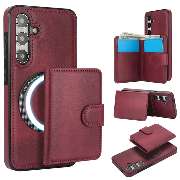 Allytechgroup Detachable Cards Holder Case for Samsung Galaxy S24, RFID Blocking 2 In 1 Wallet PU Leather Case with Stand Compatible with Magsafe Shockproof Cover for Samsung Galaxy S24, Winered