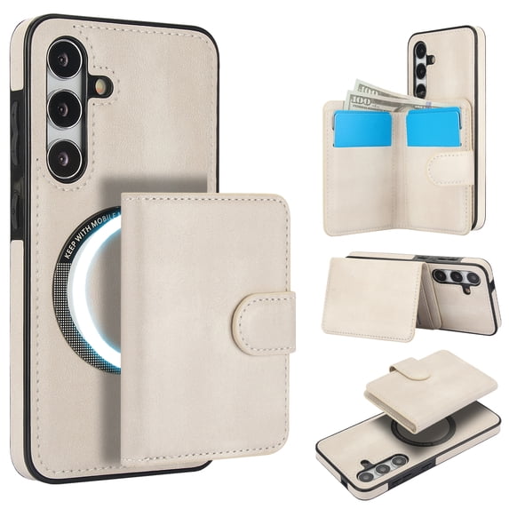 Allytechgroup Detachable Cards Holder Case for Samsung Galaxy S24+, RFID Blocking 2 In 1 Wallet PU Leather Case with Stand Compatible with Magsafe Shockproof Cover for Samsung Galaxy S24+, White