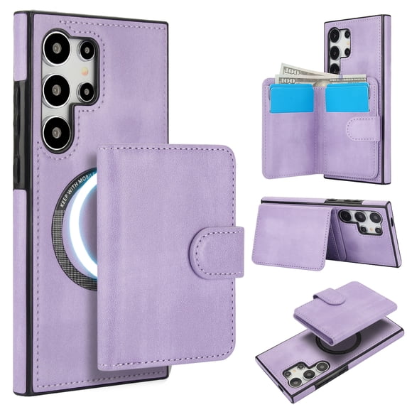 Allytechgroup Detachable Cards Holder Case for Samsung Galaxy S24 Ultra, RFID Blocking 2 In 1 Wallet PU Leather Case with Stand Compatible with Magsafe Shockproof Cover for Galaxy S24 Ultra, Purple