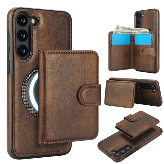 Allytechgroup Detachable Cards Holder Case for Samsung Galaxy S25, RFID Blocking 2 In 1 Wallet PU Leather Case with Stand Compatible with Magsafe Shockproof Cover for Samsung Galaxy S25, Brown