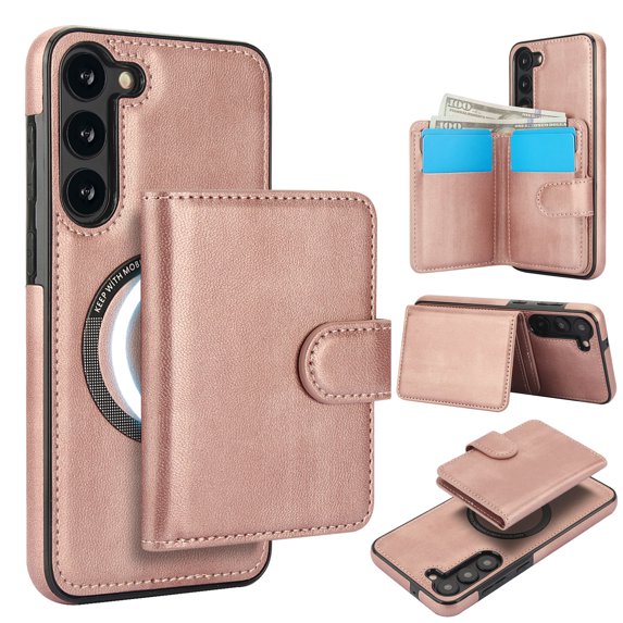 Allytechgroup Detachable Cards Holder Case for Samsung Galaxy S25, RFID Blocking 2 In 1 Wallet PU Leather Case with Stand Compatible with Magsafe Shockproof Cover for Samsung Galaxy S25, Rosegold