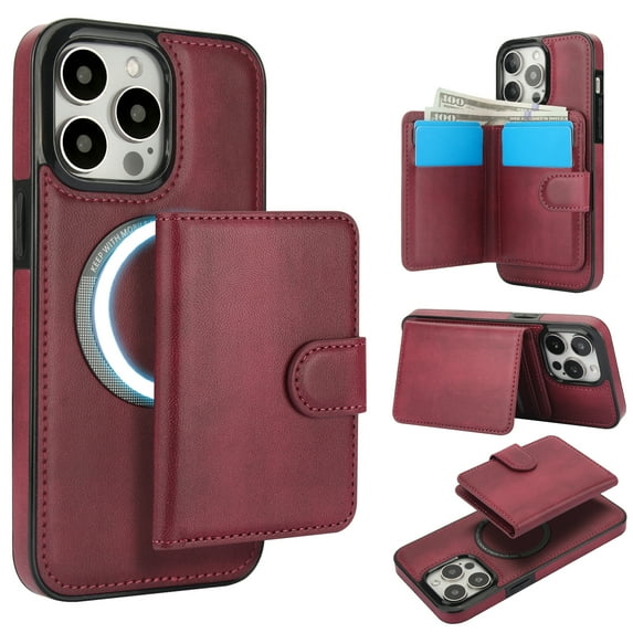 Allytechgroup Detachable Cards Holder Case for iPhone 12 Pro Max, RFID Blocking 2 In 1 Wallet PU Leather Case with Stand Compatible with Magsafe Shockproof Cover for iPhone 12 Pro Max, Winered