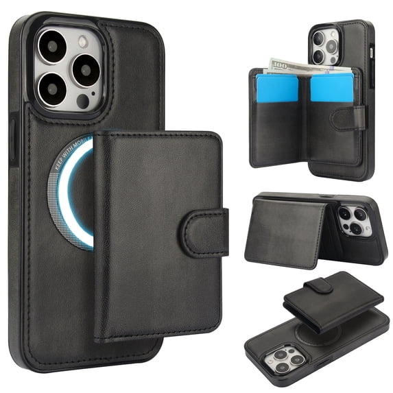 Allytechgroup Detachable Cards Holder Case for iPhone 16e, RFID Blocking 2 In 1 Wallet PU Leather Case with Stand Compatible with Magsafe Shockproof Cover for iPhone 16e, Black