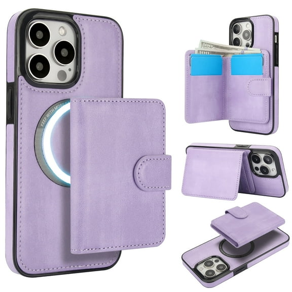 Allytechgroup Detachable Cards Holder Case for iPhone 17 Pro, RFID Blocking 2 In 1 Wallet PU Leather Case with Stand Compatible with Magsafe Shockproof Cover for iPhone 17 Pro, Purple