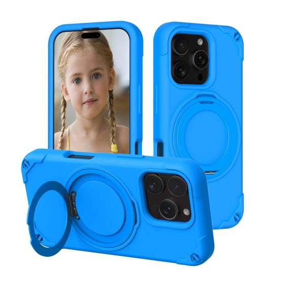 Allytechgroup EVA Case for iPhone 16 with Stand, Support Wireless Charging Slim Phone Case with Kickstand for Kids Shockproof Protective Bumper for iPhone 16, Blue