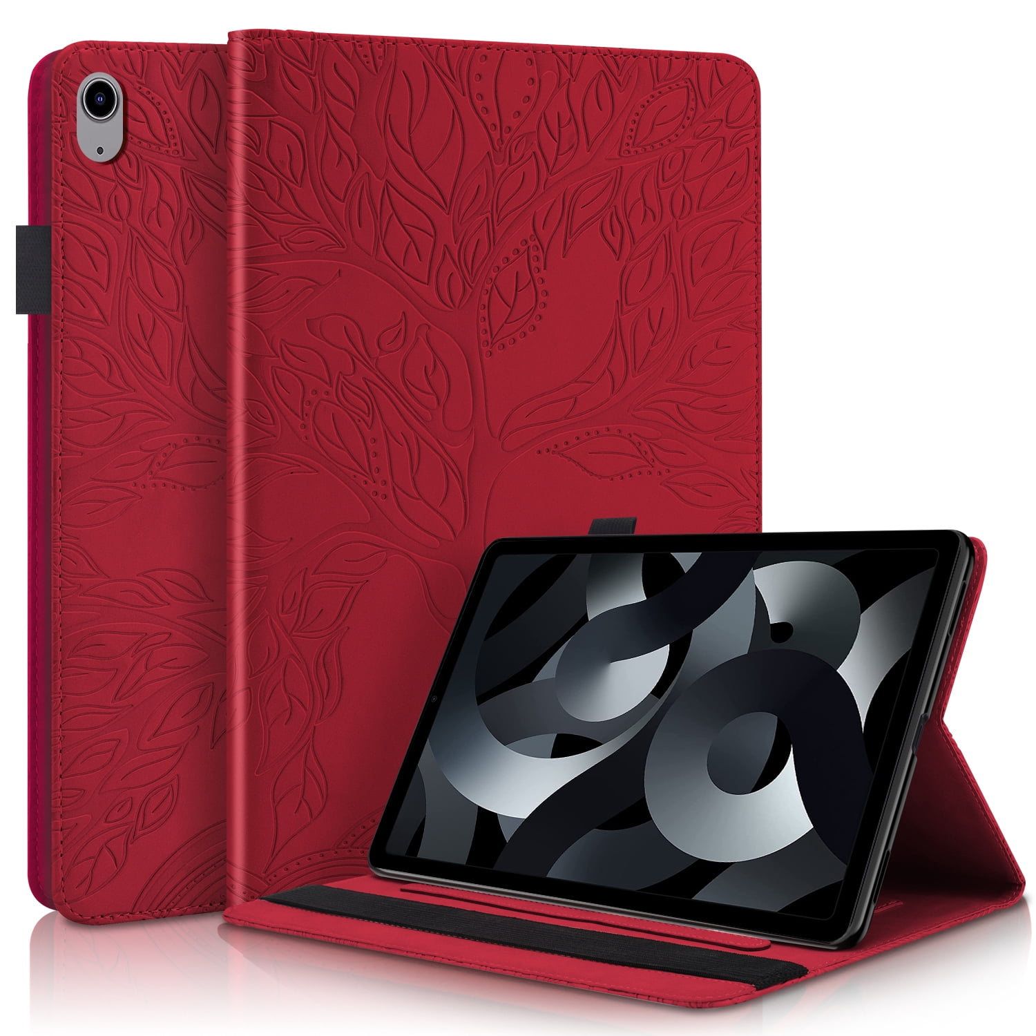 Allytechgroup Elegant iPad Air 11 Inch Case Cover 2024, Lift Tree Pattern Embossed and Shockproof Tablet Case with Pencil Holder Multi Angle Viewing Stand Flip Cover for Apple iPad Air 11,Red