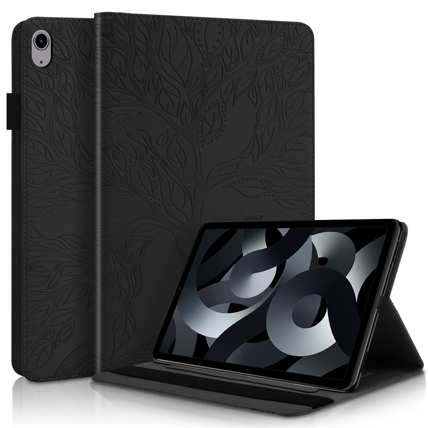 Allytechgroup Elegant iPad Air 11 Inch Case Cover 2024, Lift Tree Pattern Embossed and Shockproof Tablet Case with Pencil Holder Multi Angle Viewing Stand Flip Cover for Apple iPad Air 11,Black