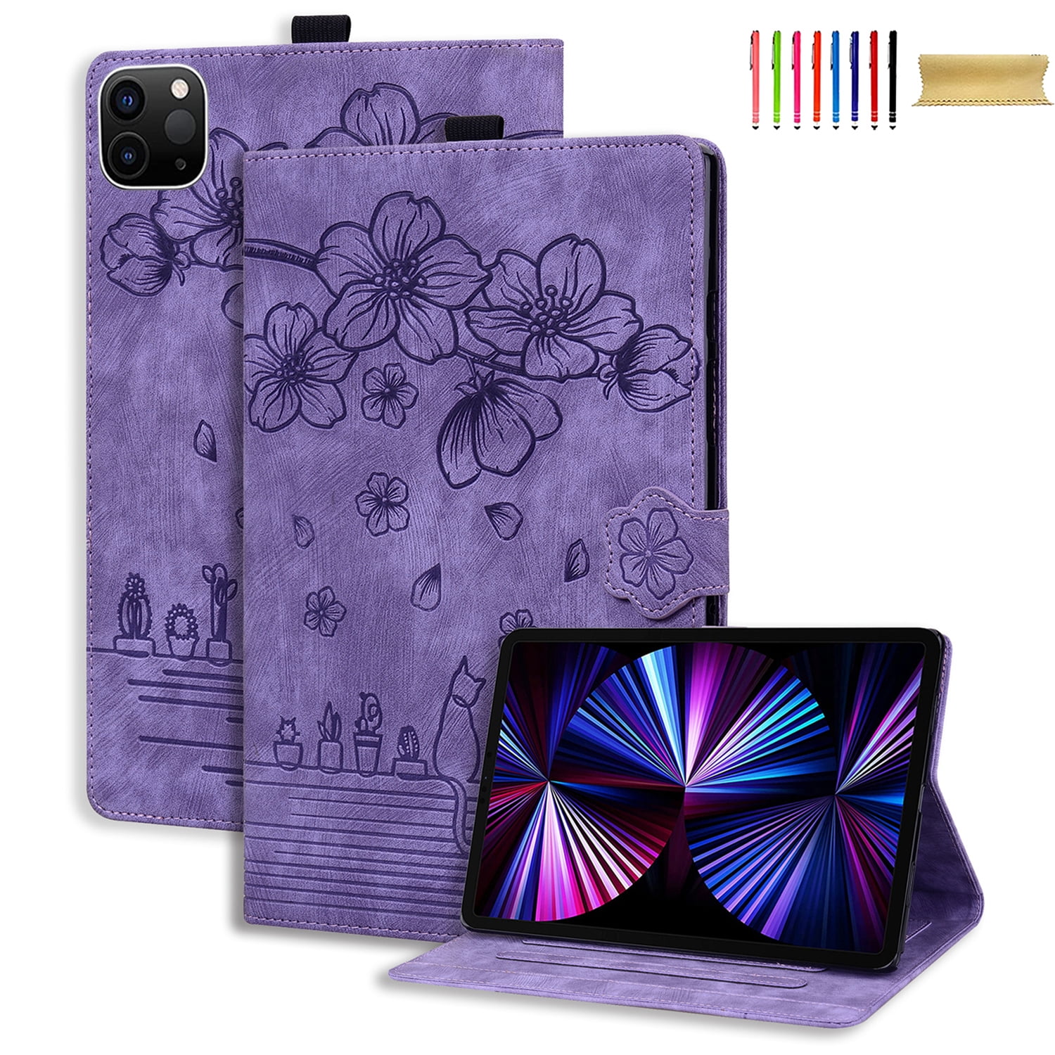 Allytechgroup Flip Case for Apple Pro 11" 2022/2021/2020/2018 4th 3rd 2nd 1st Gen, PU Leather Flower Embossed Pencil Holder Kickstand Bumper Auto Sleep Wake Case Cover for Girls Women, Purple