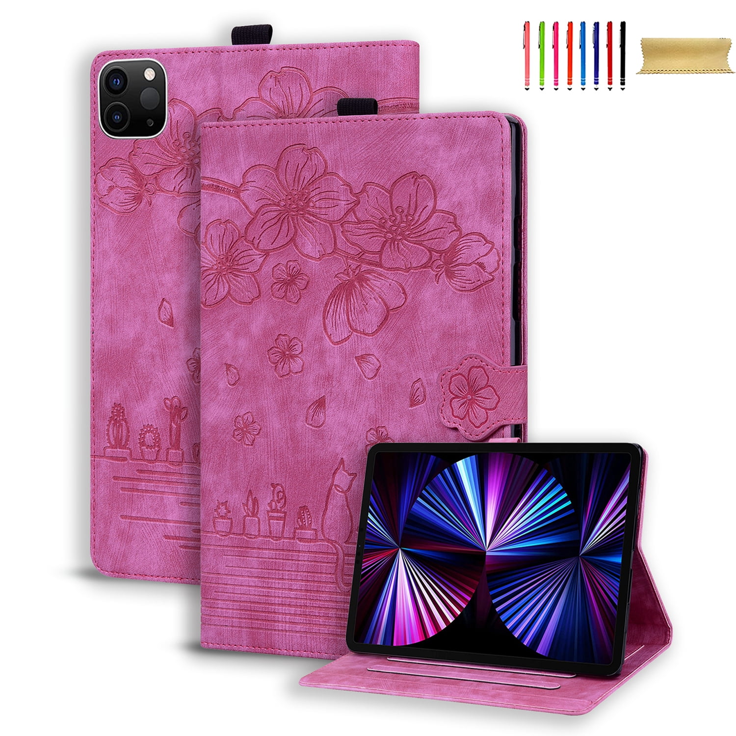 Allytechgroup Flip Case for Apple Pro 11" 2022/2021/2020/2018 4th 3rd 2nd 1st Gen, PU Leather Flower Embossed Pencil Holder Kickstand Bumper Auto Sleep Wake Case Cover for Girls Women, Rose
